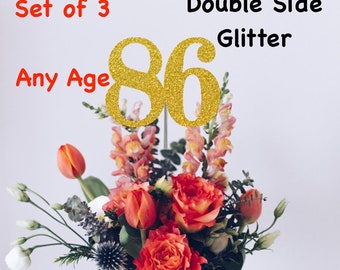 86th Birthday Centerpiece (Set of 3) Single or Double Side Glitter, Number 86 for Birthday Party, Cake Toppers, Anniversary Decorations