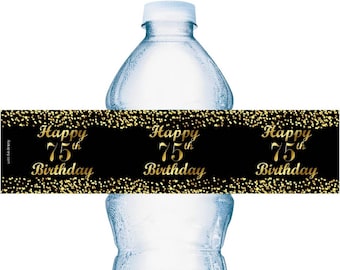 75th Birthday Water Bottle Labels | SET of 25 | Glossy Waterproof Labels Birthday Party Decorations | Number 75 Age 75 Birthday Favors