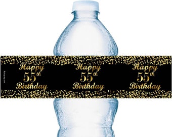55th Birthday Water Bottle Labels | SET of 25 | Glossy Waterproof Labels Birthday Party Decorations | Number 55 Age 55 Birthday Favors
