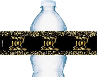 100th Birthday Water Bottle Labels | SET of 25 | Glossy Waterproof Labels Birthday Party Decorations | Number 100 Age 100 Birthday Favors
