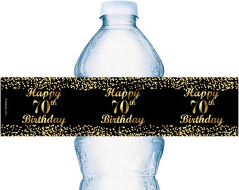 70th Birthday Water Bottle Labels | SET of 25 | Glossy Waterproof Labels Birthday Party Decorations | Number 70 Age 70 Birthday Favors
