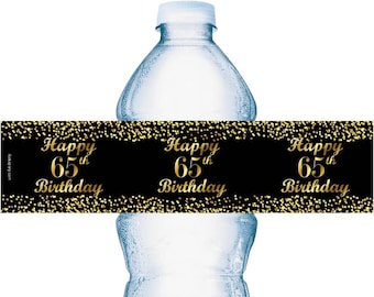 65th Birthday Water Bottle Labels | SET of 25 | Glossy Waterproof Labels Birthday Party Decorations | Number 65 Age 65 Birthday Favors