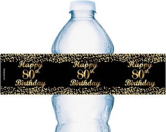 80th Birthday Water Bottle Labels | SET of 25 | Glossy Waterproof Labels Birthday Party Decorations | Number 80 Age 80 Birthday Favors