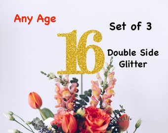 Any Age Birthday Centerpiece (SET OF 3) Double Sided Glitter  3.5 inches tall   Birthday Decorations Party Favors Supplies Anniversary Decor