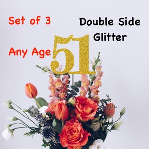 51st Birthday Centerpiece (SET OF 3) Double Sided Glitter  3.5 inches tall   Birthday Decorations Party Favors Supplies Anniversary Decor