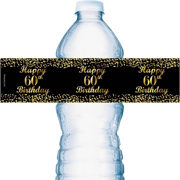 60th Birthday Water Bottle Glossy Waterproof Labels (Set of 20) Waterproof Water Bottle Wrappers  Happy Birthday Party Favors