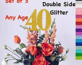 40th Birthday Centerpiece (Set of 3) Single or Double Side Glitter, Number 40 for Birthday Party, Cake Toppers, Anniversary Decorations
