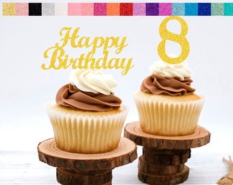 8th Birthday Cupcake Toppers | Number 8 Party Picks | 8th Party Supplies | Age 8 Toppers Party Decor Glitter Happy Birthday Decorations