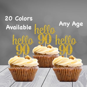 Any Number Hello 90 Cupcake toppers (Set of 12) 90th Birthday Cupcake topper Glitter 90th Birthday Party Decorations 90th Birthday Decor
