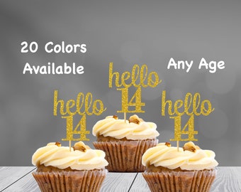 hello 14 Cupcake Toppers | 14th Birthday Cupcake Toppers | Number 14 Age Glitter Party Decor | Age 14 Birthday Decorations | Party Favors