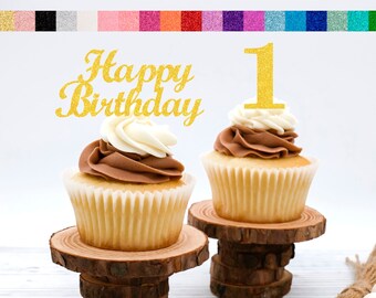 1st Birthday Cupcake Toppers | Number 1 Party Picks | 1st Party Supplies | Age 1 Toppers Party Decor Glitter Happy Birthday Decorations