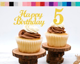 5th Birthday Cupcake Toppers | Number 5 Party Picks | 5th Party Supplies | Age 5 Toppers Party Decor Glitter Happy Birthday Decorations