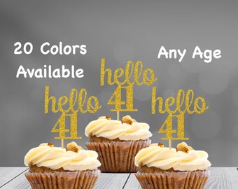 hello 41 Cupcake Toppers | 41st Birthday Cupcake Toppers | Number 41 Age Glitter Party Decor | Age 41 Birthday Decorations | Party Favors