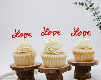 Love Cupcake Toppers XoXo Heart Toppers  SET of 12 Wedding Anniversary Engagement Bridal Shower Valentines Day Party Favors Decorations