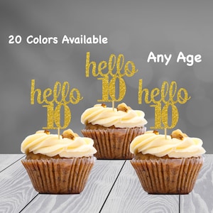 10th Birthday Cupcake Toppers  Any Age Number Glitter Hello 10 Birthday Party Decorations  (20 COLORS AVAILABLE) 10th Birthday Party Favors