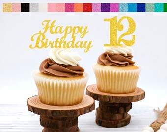 12th Birthday Cupcake Toppers | Number 12 Party Picks | 12th Party Supplies | Age 12 Toppers Party Decor Glitter Happy Birthday Decorations