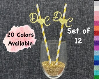 Personalized Straws Monogram Initials with Hearts  Letter Toppers Wedding Bridal Shower Bachelorette Engagement party Couple Initials Favors
