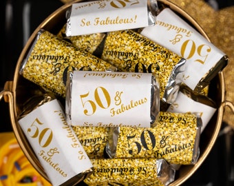 50 and Fabulous | Set of 60 Glossy Stickers | 50th Birthday Labels for Miniature Candy Bar Wrapper | Age 50 Number 50 | CANDY NOT INCLUDED