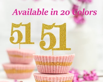 51st Birthday Cupcake Toppers | Glitter Number 51 Decorations | 51st Party Decor | Age 51 Milestone | Party Favors Birthday Party Supplies