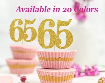 65th Birthday Cupcake Toppers | Glitter Number 65 Decorations | 65th Party Decor | Age 65 Milestone | Party Favors Birthday Party Supplies