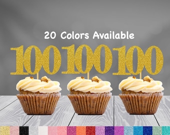 100th Birthday Cupcake Toppers | Glitter Number 100 Decorations | 100th Party Decor | Age Milestone | Party Favors Birthday Party Supplies