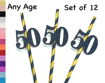 Any NUMBER 50th Birthday Party Straws with Number (SET OF 12) Adult Birthday Party Decorations  (Number available in 20 Colors