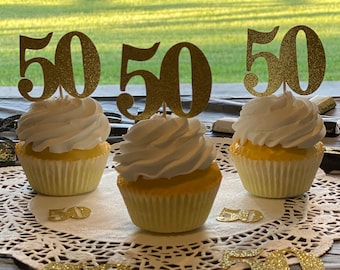 50th Birthday Cupcake Toppers | Glitter Number 50 Decorations | 50th Party Decor | Age 50 Milestone | Party Favors Birthday Party Supplies