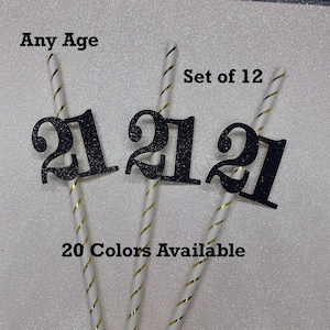 Any NUMBER 21st Birthday Party Straws with Number (SET OF 12) Adult Birthday Party Decorations  (Number available in 20 Colors