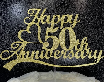 50th Anniversary Cake Topper (Double Sided) 8 inches wide  Gold Glitter 50th Wedding Anniversary Cake Topper 50th Anniversary Decorations
