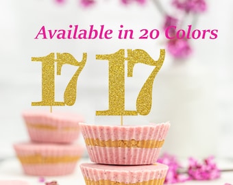 17th Birthday Cupcake Toppers | Glitter Number 17 Decorations | 17th Party Decor | Age 17 Milestone | Party Favors Birthday Party Supplies