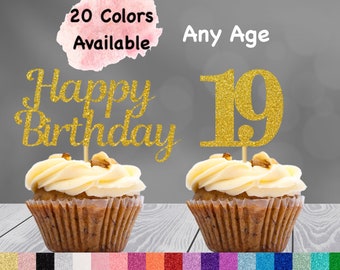 19th Birthday Cupcake Toppers | Number 19 Party Picks | 19th Party Supplies | Age 19 Toppers Party Decor Glitter Happy Birthday Decorations