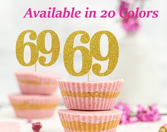 69th Birthday Cupcake Toppers | Glitter Number 69 Decorations | 69th Party Decor | Age 69 Milestone | Party Favors Birthday Party Supplies