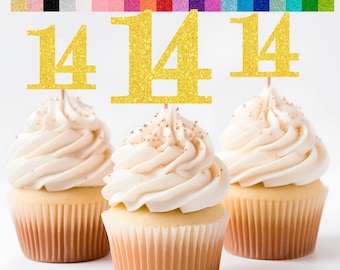 14th Birthday Cupcake Toppers | Glitter Number 14 Decorations | 14th Party Decor | Age 14 Milestone | Party Favors Birthday Party Supplies