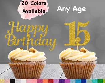15th Birthday Cupcake Toppers | Number 15 Party Picks | 15th  Party Supplies | Age 15 Toppers Party Decor Glitter Happy Birthday Decorations