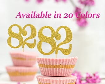 82nd Birthday Cupcake Toppers | Glitter Number 82 Decorations | 82nd Party Decor | Age 82 Milestone | Party Favors Birthday Party Supplies