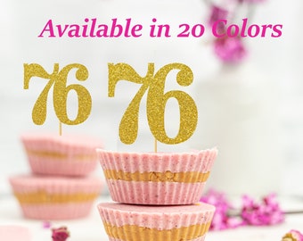 76th Birthday Cupcake Toppers | Glitter Number 76 Decorations | 76th Party Decor | Age 76 Milestone | Party Favors Birthday Party Supplies