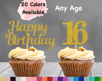 16th Birthday Cupcake Toppers | Number 16 Party Picks | 16th Party Supplies | Age 16 Toppers Party Decor Glitter Happy Birthday Decorations