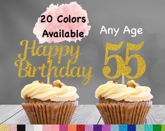 55th Birthday Cupcake Toppers | Number 55 Party Picks | 55th Party Supplies | Age 55 Toppers Party Decor Glitter Happy Birthday Decorations