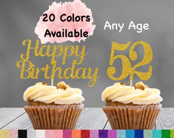 52nd Birthday Cupcake Toppers | Number 52 Party Picks | 52nd Party Supplies | Age 52 Toppers Party Decor Glitter Happy Birthday Decorations