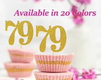 79th Birthday Cupcake Toppers | Glitter Number 79 Decorations | 79th Party Decor | Age 79 Milestone | Party Favors Birthday Party Supplies