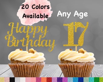 17th Birthday Cupcake Toppers | Number 17 Party Picks | 17th Party Supplies | Age 17 Toppers Party Decor Glitter Happy Birthday Decorations
