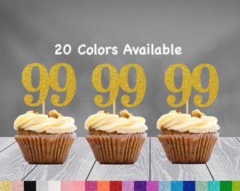 99th Birthday Cupcake Toppers | Glitter Number 99 Decorations | 99th Party Decor | Age 99 Milestone | Party Favors Birthday Party Supplies