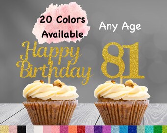 81st Birthday Cupcake Toppers | Number 81 Party Picks | 81st Party Supplies | Age 81 Toppers Party Decor Glitter Happy Birthday Decorations