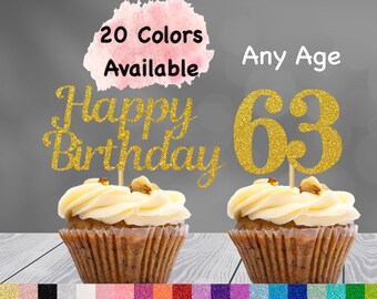 63rd Birthday Cupcake Toppers | Number 63 Party Picks | 63rd Party Supplies | Age 63 Toppers Party Decor Glitter Happy Birthday Decorations
