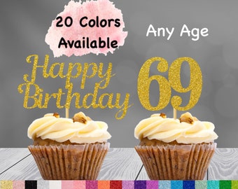 69th Birthday Cupcake Toppers | Number 69 Party Picks | 69th Party Supplies | Age 69 Toppers Party Decor Glitter Happy Birthday Decorations