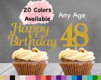 48th Birthday Cupcake Toppers | Number 48 Party Picks | 48th Party Supplies | Age 48 Toppers Party Decor Glitter Happy Birthday Decorations