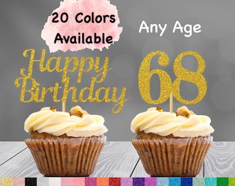 68th Birthday Cupcake Toppers | Number 68 Party Picks | 68th Party Supplies | Age 68 Toppers Party Decor Glitter Happy Birthday Decorations