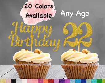 22nd Birthday Cupcake Toppers | Number 22 Party Picks | 22nd Party Supplies | Age 22 Toppers Party Decor Glitter Happy Birthday Decorations