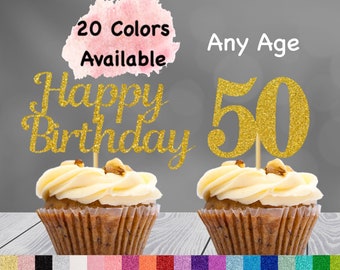50th Birthday Cupcake Toppers | Number 50 Party Picks | 50th Party Supplies | Age 50 Toppers Party Decor Glitter Happy Birthday Decorations