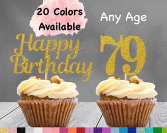 79th Birthday Cupcake Toppers | Number 79 Party Picks | 79th Party Supplies | Age 79 Toppers Party Decor Glitter Happy Birthday Decorations